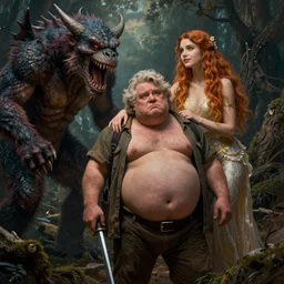 ugly old fat man and his strong handsome friend hunting monsters