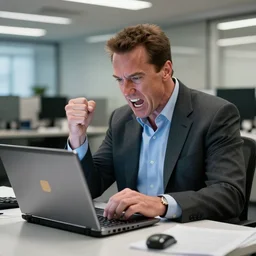 arnold schwarzenegger as conan the barbarian sitting at a desk, as an office worker, in an office, inside an office building, sitting at a desk, angrily shouting at a laptop, angry at laptop, computer trouble, technical difficulties, software error, crisp lighting, studio lighting, laptop, laptop