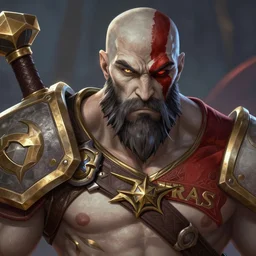 Kratos as a character in the game League of Legends, with a background based on the game League of Legends, detailed face