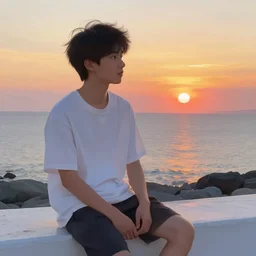 a cute young man sitting at a white wall at the sea looking to the right, wearing a white tshirt, sunset over the water, artstation, cinematic, detailed painting, digital art