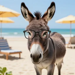 A Donkey wearing cool glasses on a sunbed at the beach, 8k, highly detailed