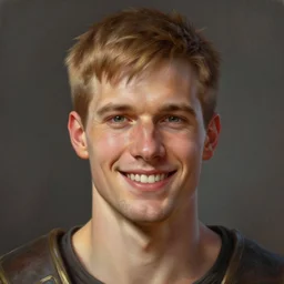 a _ fantasy _ style _ portrait _ painting _ of white male short fringe light brown hair short face grinning clean shaven short head, rpg dnd oil _ painting _ unreal _ 5 _ daz. _ rpg _ portrait _ extremely _ detailed _ artgerm _ greg _ rutkowski _ greg
