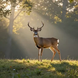 beautiful landscape wide shot of a realistic proportioed alert buck white tail deer with large antlers standing on top of a hill with light shining through the trees in the early morning, global illumination, volumetric shadows, volumetric lighting digital painting, trending on artem, trending on deviantart,