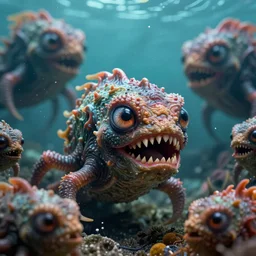 of the deep undersea with large strange scary creatures with big eyes and teeth swimming around, in the style of Giger, macro lens, shallow depth of field, highly detailed, digital painting, trending artstation, concept art, illustration, cinematic lighting, vibrant colors, photorealism, epic, octane render