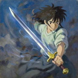 classical oil painting of a sword, wind, energy, focused on the weapon, fantasy, trending on artstation, stylistic, brush strokes, oil, canvas, by kawacy and makoto shinkai
