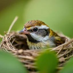 a small, delicate bird poking its head out of a nest.