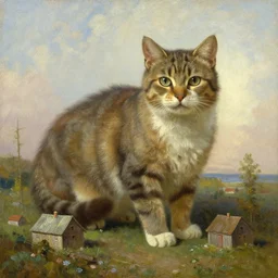 huge cat besides small houses, oil painting by Ivan Shishkin