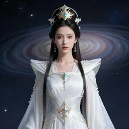 portrait of the powerful empress of the solar system in the style of artem chebokha. glowing, ornate and intricate linework, stunning, dynamic lighting, ultrafine and hyperdetailed.