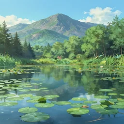 A beautiful calm pond full of lilypads infront of a scenic mountain range, rendered by Beeple, Makoto Shinkai, syd meade, simon stålenhag, environment concept, digital art, unreal engine, WLOP, trending on artstation, low level, 4K UHD image, octane render,