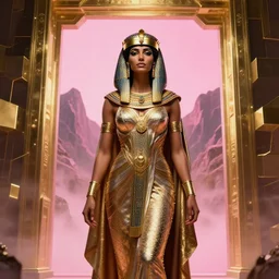 beautiful isis goddess by billelis + draped in ornate flowing ornamented robes + gold geometric cubed light, doorway opening with pink vaporwave light, mountains in background, clean linework, dramatic, insanely detailed, rule of thirds, moody, confident, award winning, 4 k, trending on artstation, photorealistic, volumetric lighting, octane render