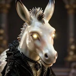 hyper detailed ultra sharp portrait of a porcelain ivory evil donkey zombie with glowing eyes, up close shot, sharp focus, global illumination, radiant light, black haute couture, alexandre ferra, irakli nadar, octane render, 4 k, ultra hd,
