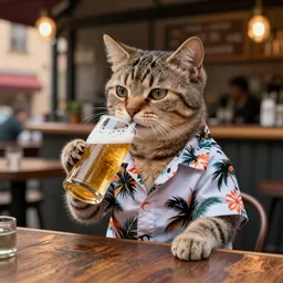 a cat wearing a hawaii shirt drinking a beer at an outdoor bar in stockholm, digital art