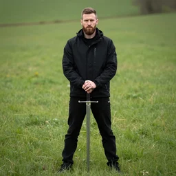 a sword held by a black jacket wearing bearded man standing in a grassy field