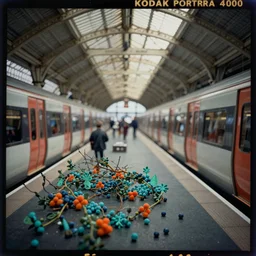 kodak portra 4 0 0, wetplate, muted colours, 2 0 0 mm lens, 1 9 3 0 s award winning colour portrait deep insight inside a train station in london by saul leiter, insanely detailed, insanely intricate, depth of field, sparse orange blueberry teal colours