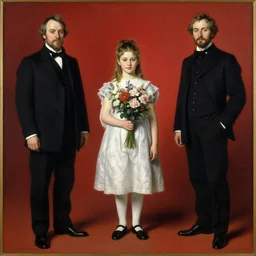 Solomon Joseph Solomon and Richard Schmid and Jeremy Lipking victorian genre painting full length portrait painting of a young girl holding a bouquet, red background