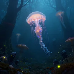 underwater jelly fish in a foggy bioluminescent mushroom forest, rainbow fireflies, creepy creatures hiding in long shadows, Donato Giancola, Mark Brooks, Ralph Horsley, Charlie Bowater, Artgerm, Christopher Balaskas, Bastien Lecouffe-Deharme