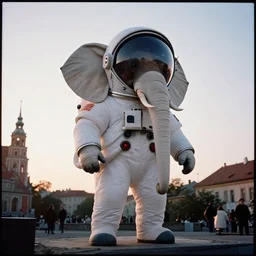 shot on daghherotype, single subject, giant elephant wearing white custom made american spacesuit with oversized giant helmet as astronaut animal, in legnica, sunrise, by vhs camcoder