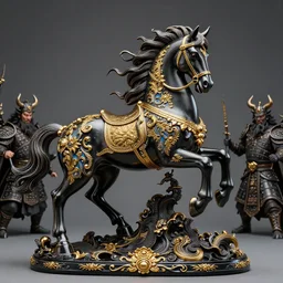 high intricate porcelain baroque black pegasus stunning fighting the army of the demon lord, 8 k, hyperrealistic hyperdetailed gold and neon maria panfilova, andrea savchenko, mike kime, ludovic plouffe, qi sheng luo, oliver cook, trending on artstation