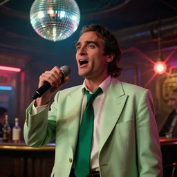 the medium shot of singing skinny drunkard hobo ( ( ( ( ( ( joaquin phoenix ) ) ) ) ) ) with sideburns worn in the pale green jacket with emerald tie on the scene in steampunk bar, still frame from the movie with the cinematography of christopher doyle, neon lighting reflecting from a disco ball, anamorphic lens, optical flares, 8 k