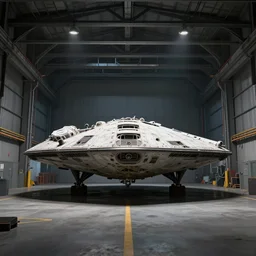matte painting, digital painting, high quality, a spaceship in hangar, symmetric, distant view