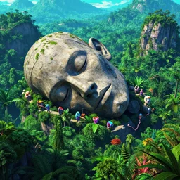 giant sleeping biomechanical stone head sailing over lush rainforest mountaintops, synthwave, bright neon colors, highly detailed, cinematic, tim white, vladimir kush, philippe druillet, roger dean, bob eggleton, michael whelan, boris vallejo, alfred kelsner, kubrick, jaroslaw jasnikowski