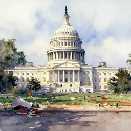 watercolor painting of washington dc, dilapidated, run down, trashy ambient lighting and shadows