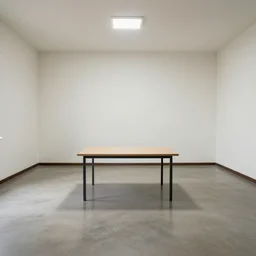 A 10ft by 10ft room empty except for a table in the middle, table is centered