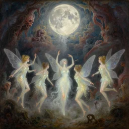 concept art of translucent glowing fairies dancing, magical, lovecraftian, renaissance, melting, round moon, rich clouds, fighting the horrors of the unknown, very detailed, volumetric light, mist, fine art, decaying, textured oil over canvas, epic fantasy art, very colorful, ornate intricate scales