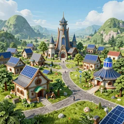 Solarpunk village 3D realistic, unreal engine 5, 3d render, high resolution