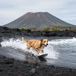 photo of a dog surfing in a volcano