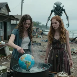 she makes the deep boil. dark fantasy story about two casually - dressed women in a dirty seaside town, a globster, and a beautiful song. color cinematic still from an action - packed 2 0 1 1 cruel! alien - robot invasion science - fiction blockbuster movie ; highly - detailed.