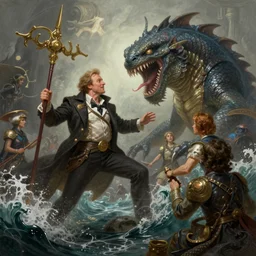 robin williams in an epic battle with a sea monster, fantasy, d & d, intricate, elegant, highly detailed, digital painting, artstation, concept art, matte, sharp focus, illustration, art by john collier and albert aublet and krenz cushart and artem demura and alphonse mucha