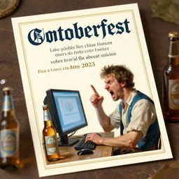 large octoberfest invite card, man screaming at a computer screen, angry, beer bottles, photoshoot, 4 k, hyper realistic, natural, highly detailed, digital illustration, trending in artstation, classical painting, smooth, sharp focus art by ilya repin