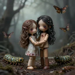 a cinenatic portrait beautiful jointed wooden art doll, super dollfie, holding each other, abandoned, derelict, moths, sadness, giant caterpillars, art by wenjun lin, artem chebokha, alena aenami, ian llanas, ethereal, soft light, dark art, macabre, nightmares, horror, blood