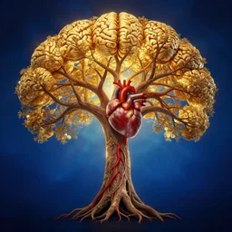 the holy grail, tree of life brains, heart, red veins blue background, cinematic masterpiece, beautiful golden lighting
