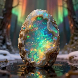 iridescent opal monolith made of opal inside a large hole, moody, warm tones, water reflection, opalescent lush borealis forest with fsnow : : dan mcpharlin, daniel merrian : : ornate, dynamic, particulate, rich colors, intricate, elegant, highly detailed, centered, artstation, smooth, sharp focus, octane render, d