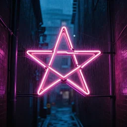 pentagram neon sign, nightlife alley rain