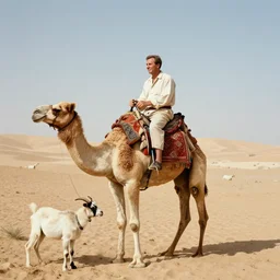 eric zemmour riding a camel in the desert circa 1 9 6 0, riding goat, cine still, movie still, 8 k