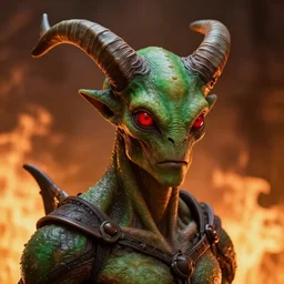 realistic alien medium shot portrait with horns, green head. red eyes, human eyes, background flames, by wayne barlowe