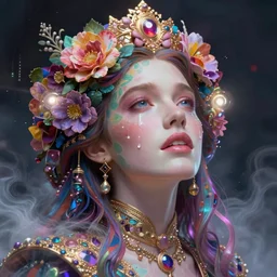 ethan hawke, portrait, colorful and vibrant majestic, royal, open wide eyes, drops of tear with flowers on her hair, glowing light orbs, intricate concept art, elegant, digital painting, smooth, sharp focus, ethereal opalescent mist, outrun, vaporware, cyberpunk darksynth, ethereal, ominous, misty, 8 k, by ruan jia and miho hirano, rendered in octane