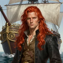 a portrait of a long haired, red headed male sky - pirate in front of an airship, intricate, elegant, highly detailed, digital painting, trending on artstation, concept art, smooth sharp focus, illustration, art by artgerm and greg rutkowski