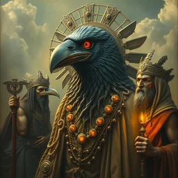 futuristic cult of 8 0's srilankan men as with crow head as greek god in baroque style, painting by james jean, craig mullins, j. c. leyendecker, lights, art by ernst haeckel,