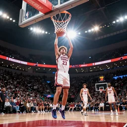 Mike from stranger things playing basketball and making a shot in an nba stadium , close up shot, wide angle, lens flares