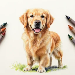 finished 1 0 0 0 years old cave man drawing of a golden retriever, crayons. high details, photorealistic, artstation trending