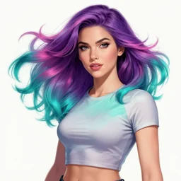 a award winning half body porttrait of a beautiful woman in a croptop with ombre purple pink teal hairstyle with head in motion and hair flying by marvel comics and sandra chevelier, outrun, vaporware, illustration, digital art, trending on artstation, highly detailed, fine detail, intricate
