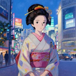 geisha in front of shibuya. cyberpunk. beautiful blue sky. gorgeous epic nature, lofi, vivid colors, amazing light, by jeremy lipkin, by claude monet, heavily inspired by makoto shinkai, inspired by ghibli, masterpiece, multiple brush strokes, impressionist style