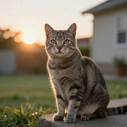 a cute grey tabby cat sitting on the corner of a front yard outside in the late afternoon on a beautiful summer day, sunset