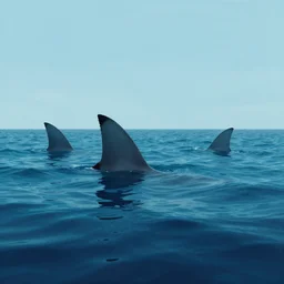 conceptual art work of a ocean with shark fins above water
