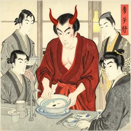 expressive and intensive, black ink & copic markers, vibrant muted colors, nostalgic still of [ the devil himself ] [ doing the dishes ], by ( arthur adams ), by ( tom bagshaw ), by henry asencio, by kikuchi hideyuki, ukiyo - e
