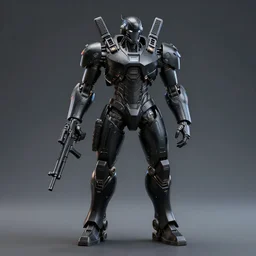 futuristic black colored combat android, holding rifle, symmetrical, octane, clean, blender, hd, unreal engine, maya, cinematic lighting
